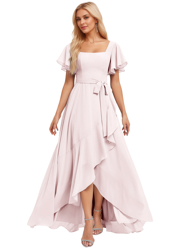 A-line Square-Neck Floor-Length Chiffon Bridesmaid Dress With Ruffle