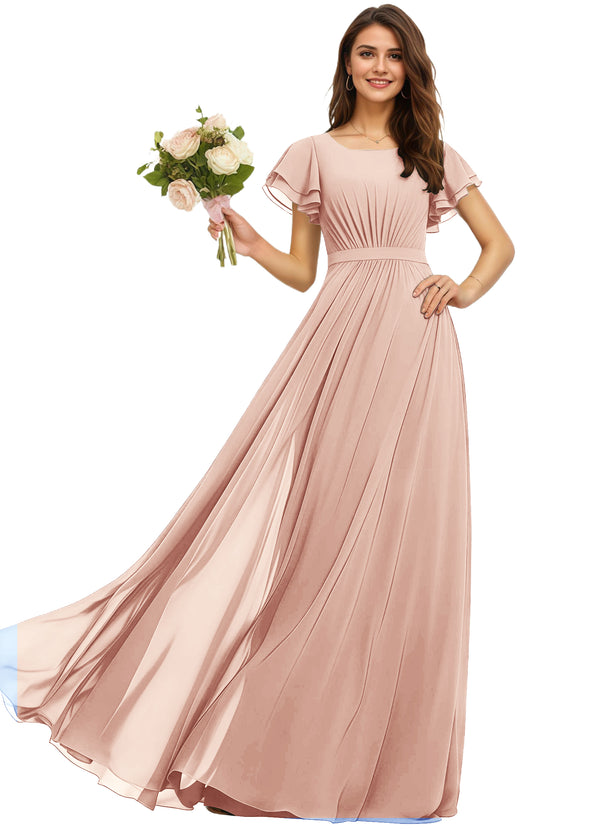 A-line Scoop Floor-Length Chiffon Bridesmaid Dress With Ruffle