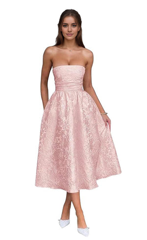 A-Line Strapless Tea-Length Jacquard Prom Dresses