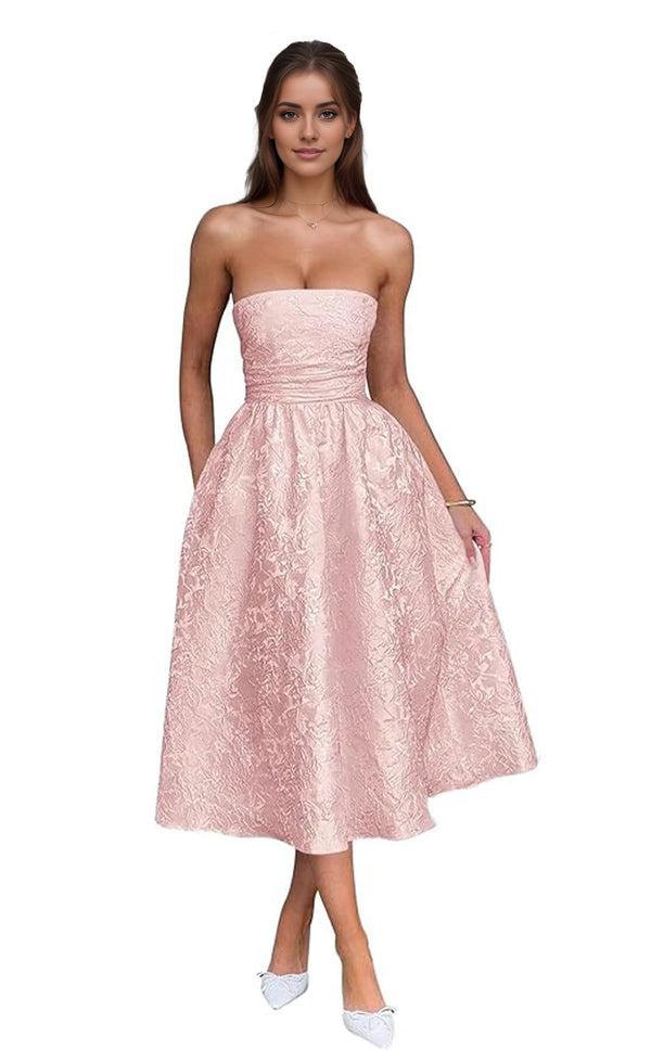 A-Line Strapless Tea-Length Jacquard Prom Dresses