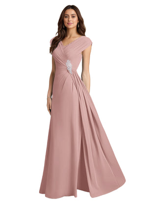 A-line V-Neck Floor-Length Chiffon Mother of the Bride Dress With Pleated Sequins
