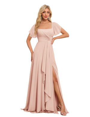A-line Square Asymmetrical Chiffon Bridesmaid Dress