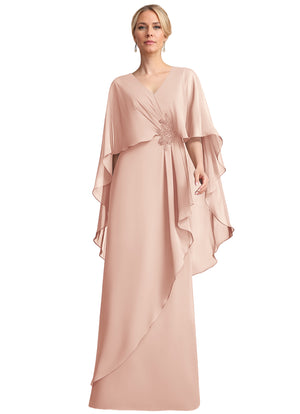 A-line V-Neck Floor-Length Chiffon Mother of the Bride Dress With Cascading Ruffles Beading