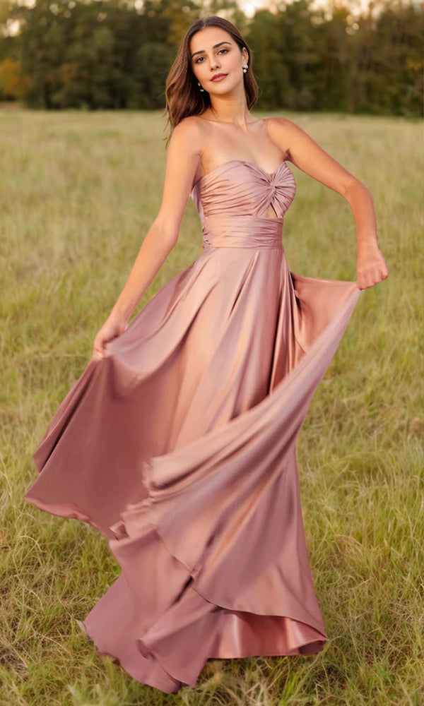 A-line Strapless Floor-Length Satin Prom Dresses
