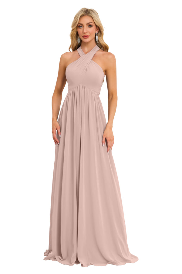 A-line Halter Floor-Length Chiffon Bridesmaid Dress With Ruffle