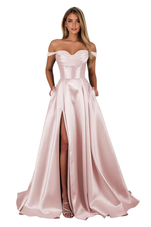 A-line Off the Shoulder Floor-Length Satin Prom Dresses