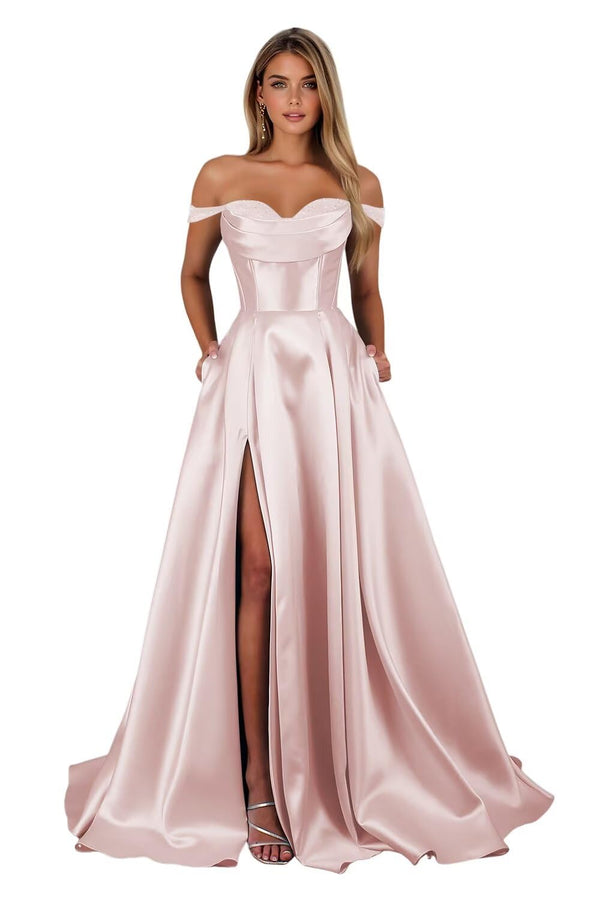 A-line Off the Shoulder Floor-Length Satin Prom Dresses