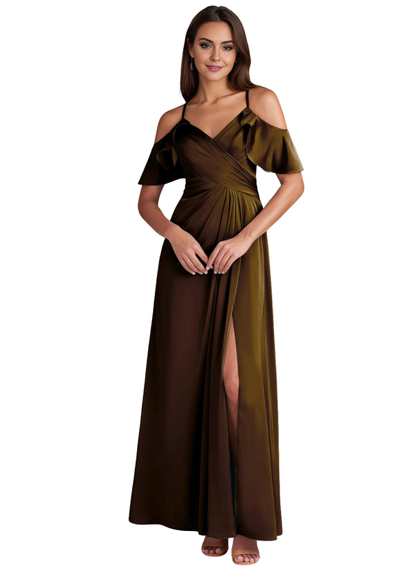 A-line Cold Shoulder Floor-Length Satin Bridesmaid Dress With Ruffle