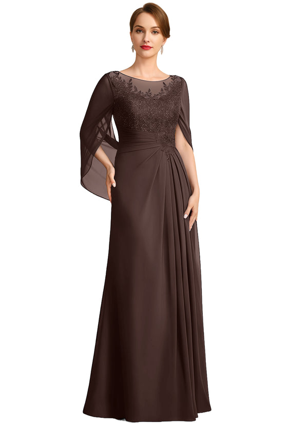 A-line Scoop Illusion Floor-Length Lace Chiffon Mother of the Bride Dress With Sequins Pleated