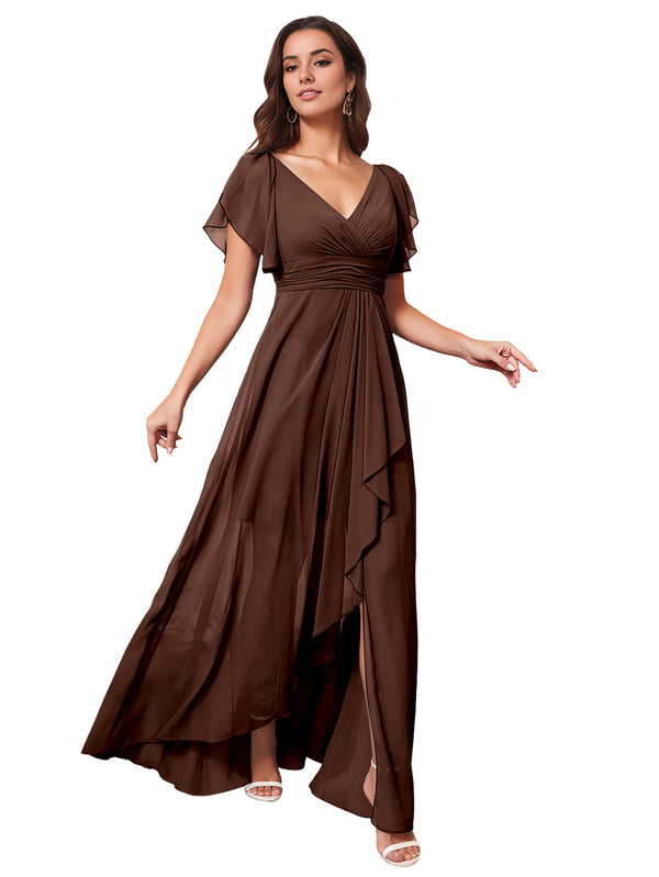 A-line V-Neck Floor-Length Chiffon Bridesmaid Dress With Ruffle