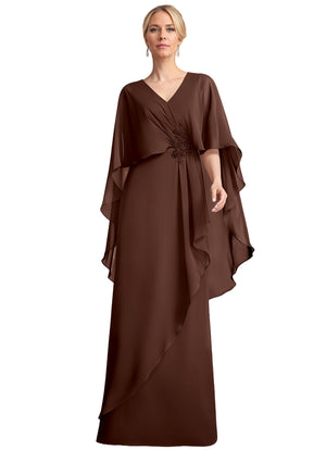 A-line V-Neck Floor-Length Chiffon Mother of the Bride Dress With Cascading Ruffles Beading