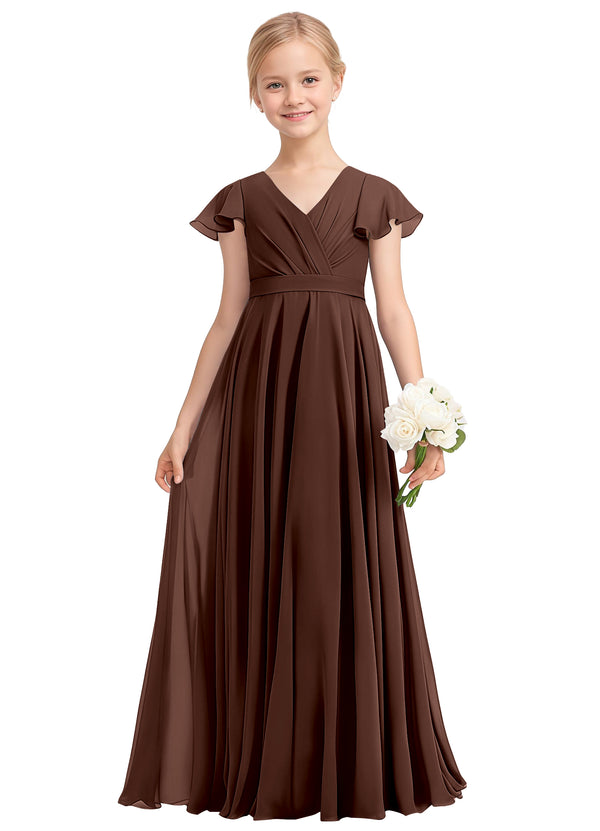 A-line V-Neck Floor-Length Chiffon Junior Bridesmaid Dress