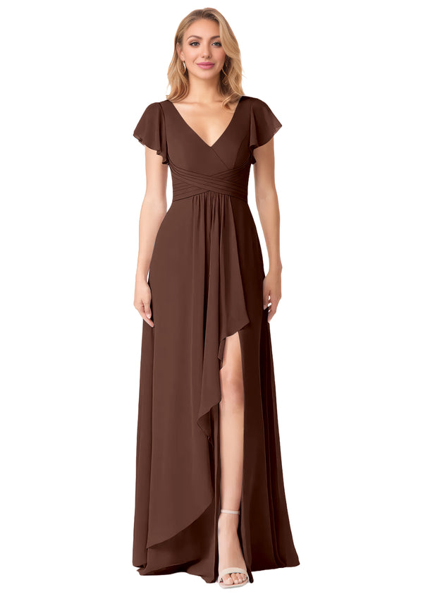 A-line V-Neck Floor-Length Chiffon Bridesmaid Dress With Ruffle