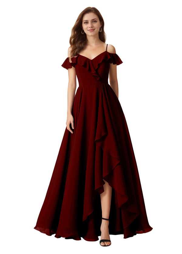 A-line Cold Shoulder Floor-Length Chiffon Bridesmaid Dress With Ruffle