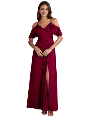 A-line Cold Shoulder Floor-Length Satin Bridesmaid Dress With Ruffle