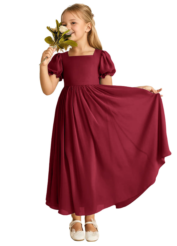 A-line Scoop-Neck Short Sleeves Chiffon Junior Bridesmaid Dress