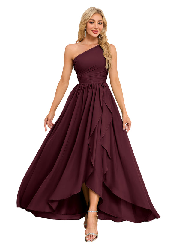 A-line One Shoulder Floor-Length Chiffon Bridesmaid Dress With Ruffle
