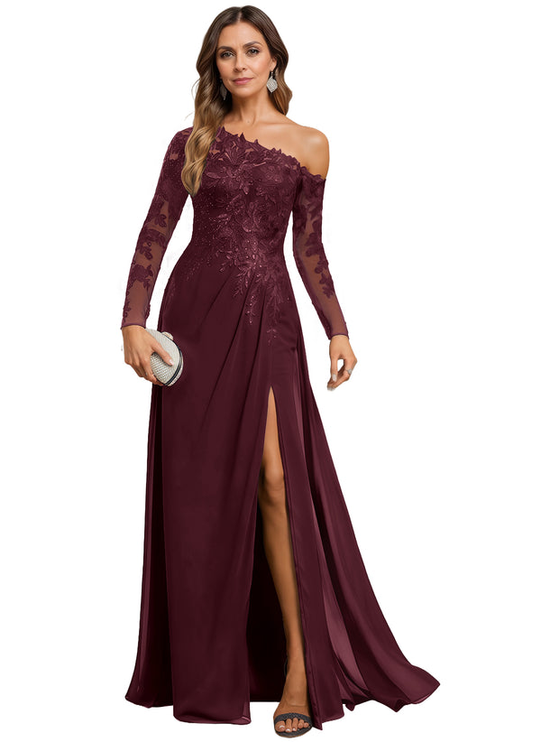 Trumpet/Mermaid Asymmetrical Illusion Floor-Length Lace Chiffon Evening Dress With Sequins