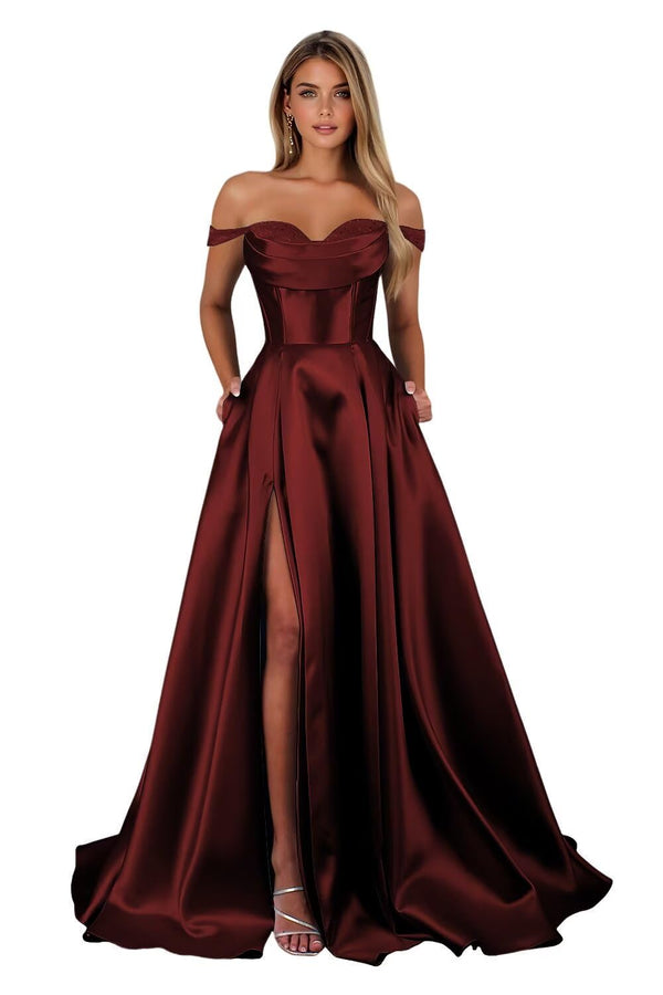 A-line Off the Shoulder Floor-Length Satin Prom Dresses