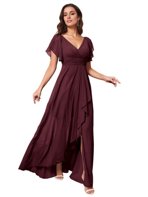 A-line V-Neck Floor-Length Chiffon Bridesmaid Dress With Ruffle