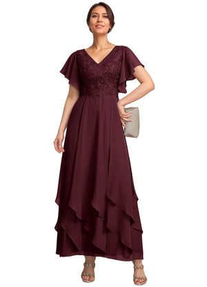 A-line V-Neck Ankle-Length Lace Chiffon Mother of the Bride Dress With Cascading Ruffles