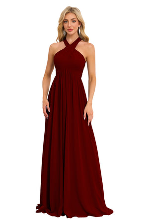 A-line Halter Floor-Length Chiffon Bridesmaid Dress With Ruffle