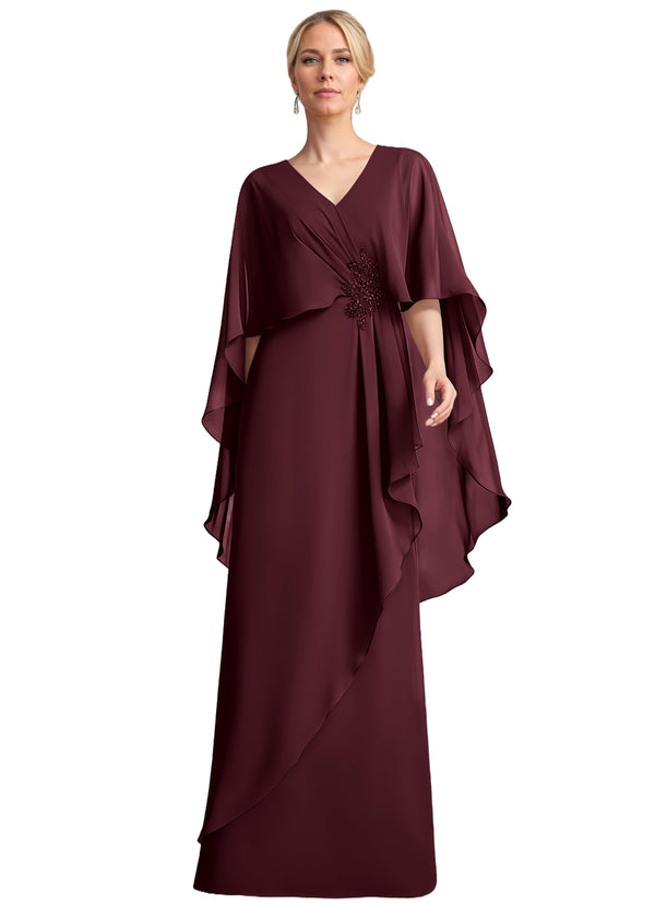 A-line V-Neck Floor-Length Chiffon Mother of the Bride Dress With Cascading Ruffles Beading