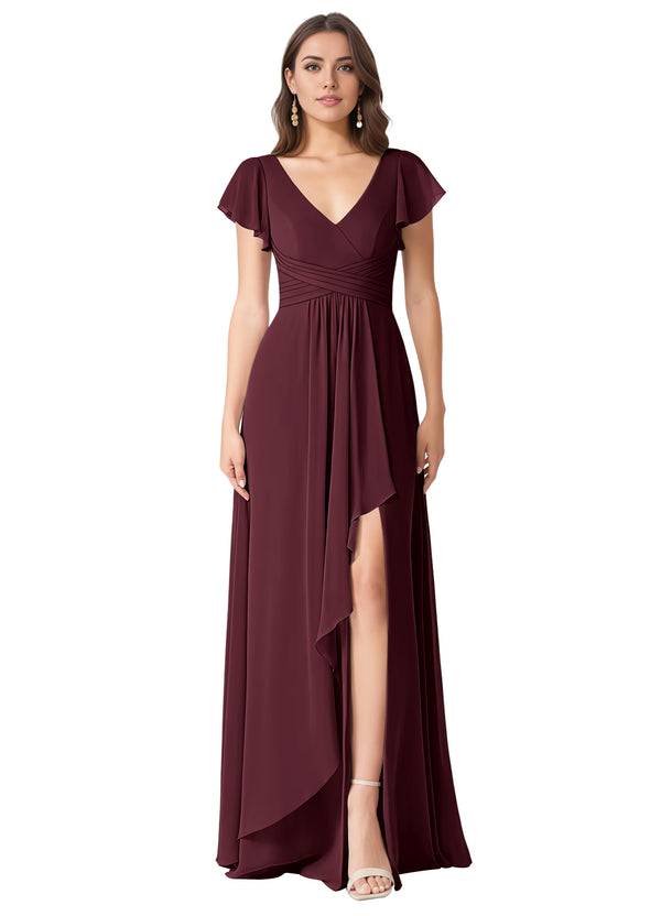 A-line V-Neck Floor-Length Chiffon Bridesmaid Dress With Ruffle
