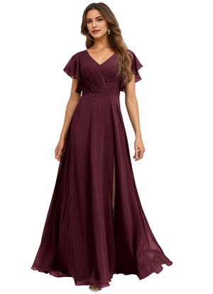 A-line V-Neck Floor-Length Chiffon Bridesmaid Dress With Ruffle