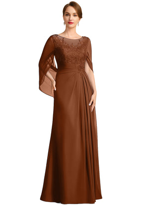 A-line Scoop Illusion Floor-Length Lace Chiffon Mother of the Bride Dress With Sequins Pleated