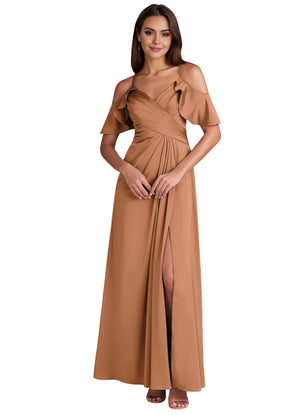 A-line Cold Shoulder Floor-Length Satin Bridesmaid Dress With Ruffle