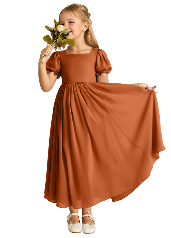 A-line Scoop-Neck Short Sleeves Chiffon Junior Bridesmaid Dress