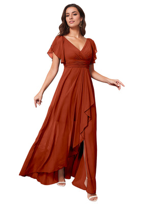 A-line V-Neck Floor-Length Chiffon Bridesmaid Dress With Ruffle