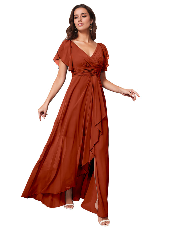 A-line V-Neck Floor-Length Chiffon Bridesmaid Dress With Ruffle