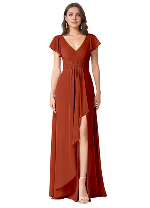 A-line V-Neck Floor-Length Chiffon Bridesmaid Dress With Ruffle