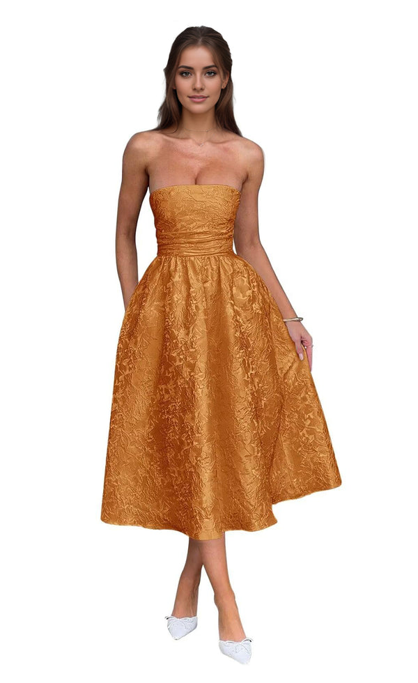 A-Line Strapless Tea-Length Jacquard Prom Dresses