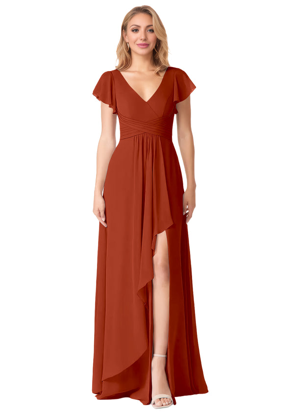 A-line V-Neck Floor-Length Chiffon Bridesmaid Dress With Ruffle