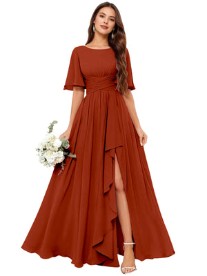 A-line Scoop Floor-Length Chiffon Bridesmaid Dress With Slit