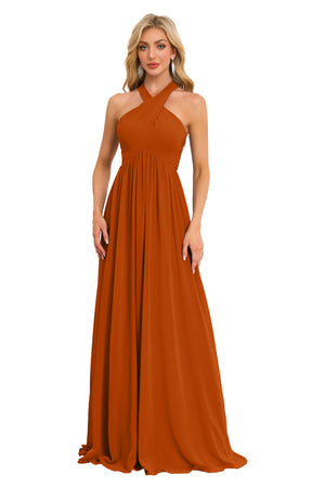A-line Halter Floor-Length Chiffon Bridesmaid Dress With Ruffle