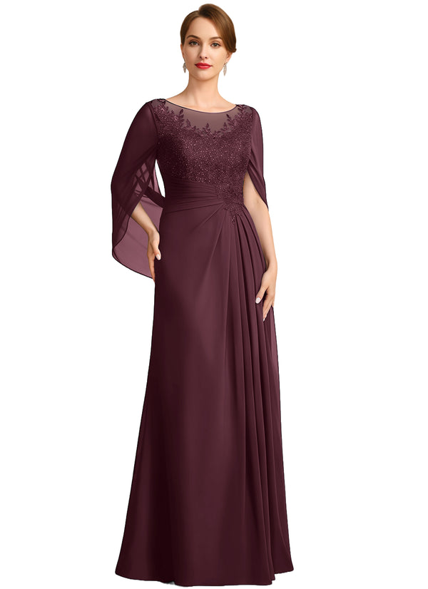 A-line Scoop Illusion Floor-Length Lace Chiffon Mother of the Bride Dress With Sequins Pleated
