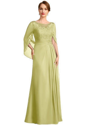 A-line Scoop Illusion Floor-Length Lace Chiffon Mother of the Bride Dress With Sequins Pleated
