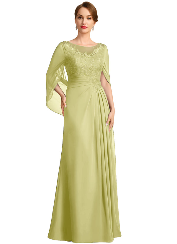 A-line Scoop Illusion Floor-Length Lace Chiffon Mother of the Bride Dress With Sequins Pleated