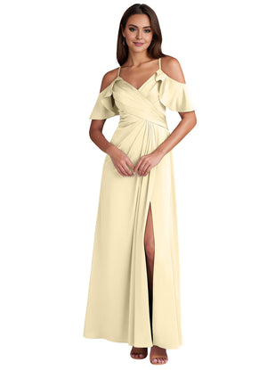 A-line Cold Shoulder Floor-Length Satin Bridesmaid Dress With Ruffle