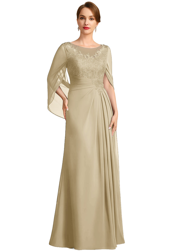 A-line Scoop Illusion Floor-Length Lace Chiffon Mother of the Bride Dress With Sequins Pleated