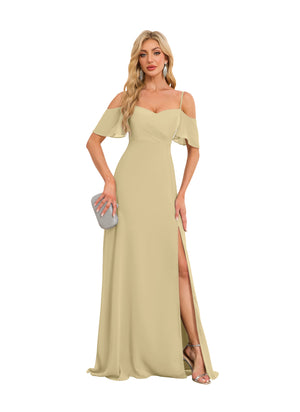 A-line Cold Shoulder Floor-Length Chiffon Bridesmaid Dress With Ruffle