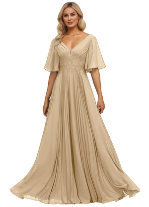 A-line V-Neck Floor-Length Chiffon Mother of the Bride Dress With Sequins Appliques Lace Pleated