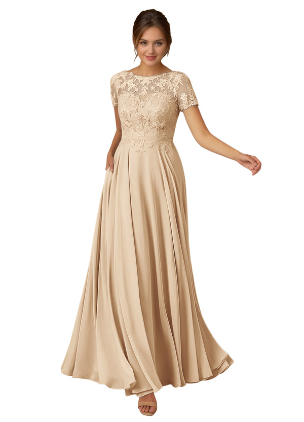 A-line Scoop Illusion Floor-Length Lace Chiffon Mother of the Bride Dress With Sequins