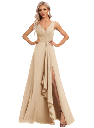 A-line V-Neck Floor-Length Chiffon Bridesmaid Dress with Ruffle