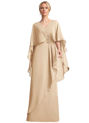 A-line V-Neck Floor-Length Chiffon Mother of the Bride Dress With Cascading Ruffles Beading