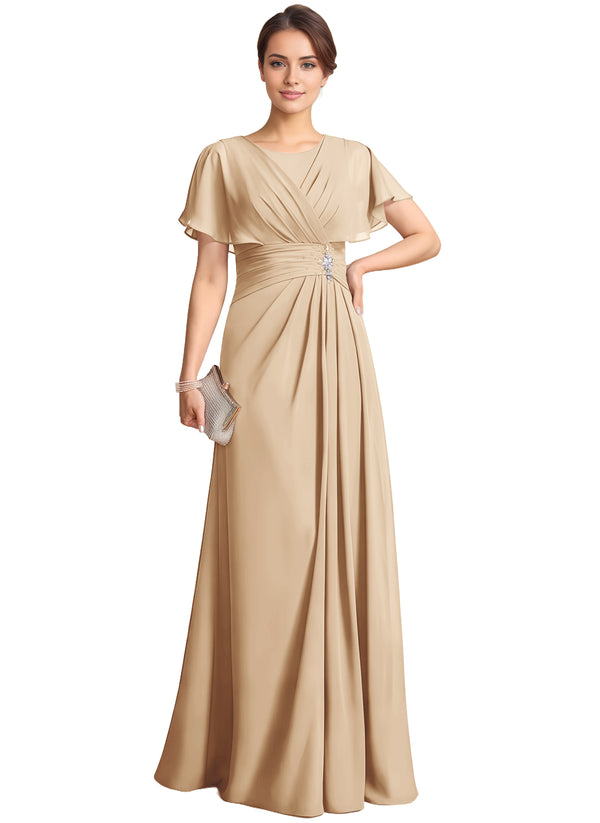 A-line Scoop Floor-Length Chiffon Mother of the Bride Dress With Pleated Beading